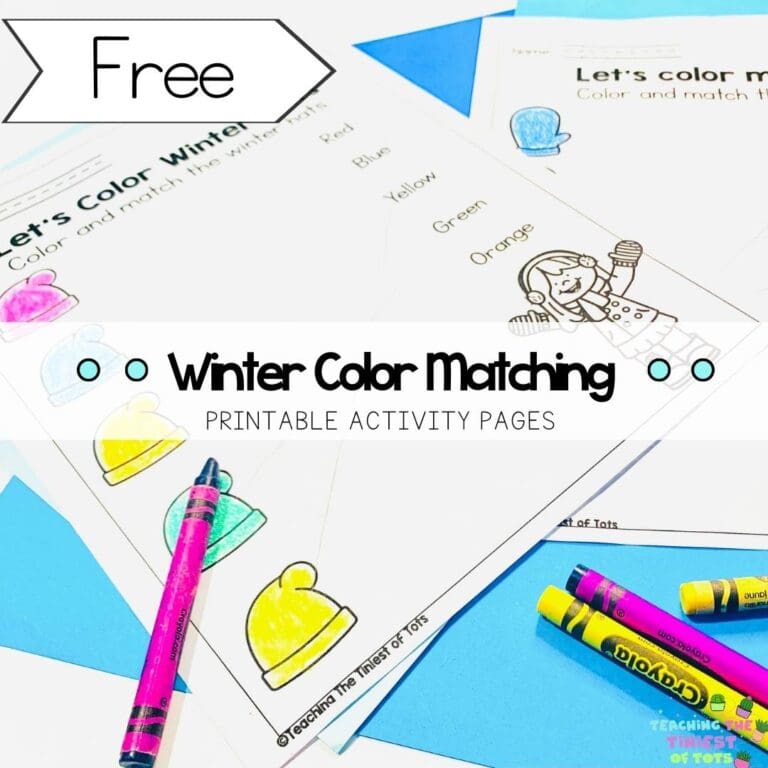 Image of Free winter color matching for preschool kids. Two worksheets with images of hats and mittens with crayons on the side.