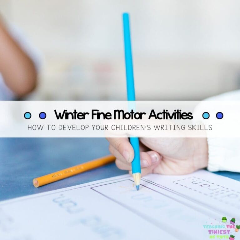 How-to-develop-your-children's-writing-skills Image with child picking up and sorting colors Winter Fine motor pre writing and tracing skills for young preschoolers, preschool, pre-k and toddlers.