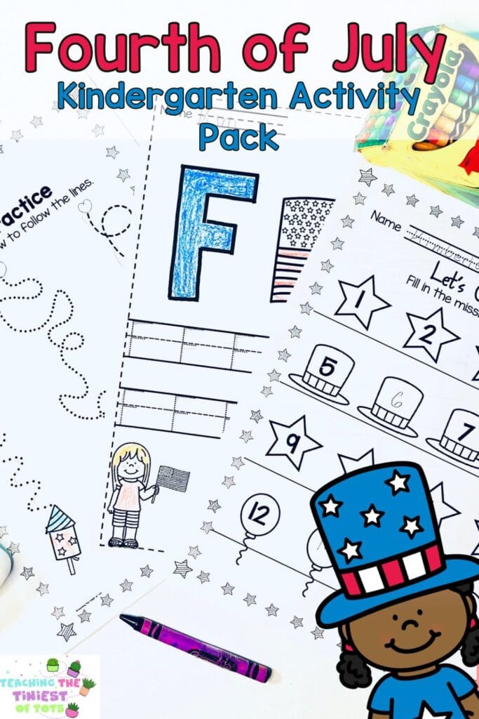 Summer Learning Fun with 4th of July Kindergarten Activities. This Pinterest pin features a vibrant and eye-catching graphic highlighting the 4th of July kindergarten activities. It showcases engaging and educational activity pages with a patriotic theme, perfect for summer learning. The pin invites parents and teachers to explore the printable pack, providing a valuable resource for keeping kids entertained and learning during the holiday season.