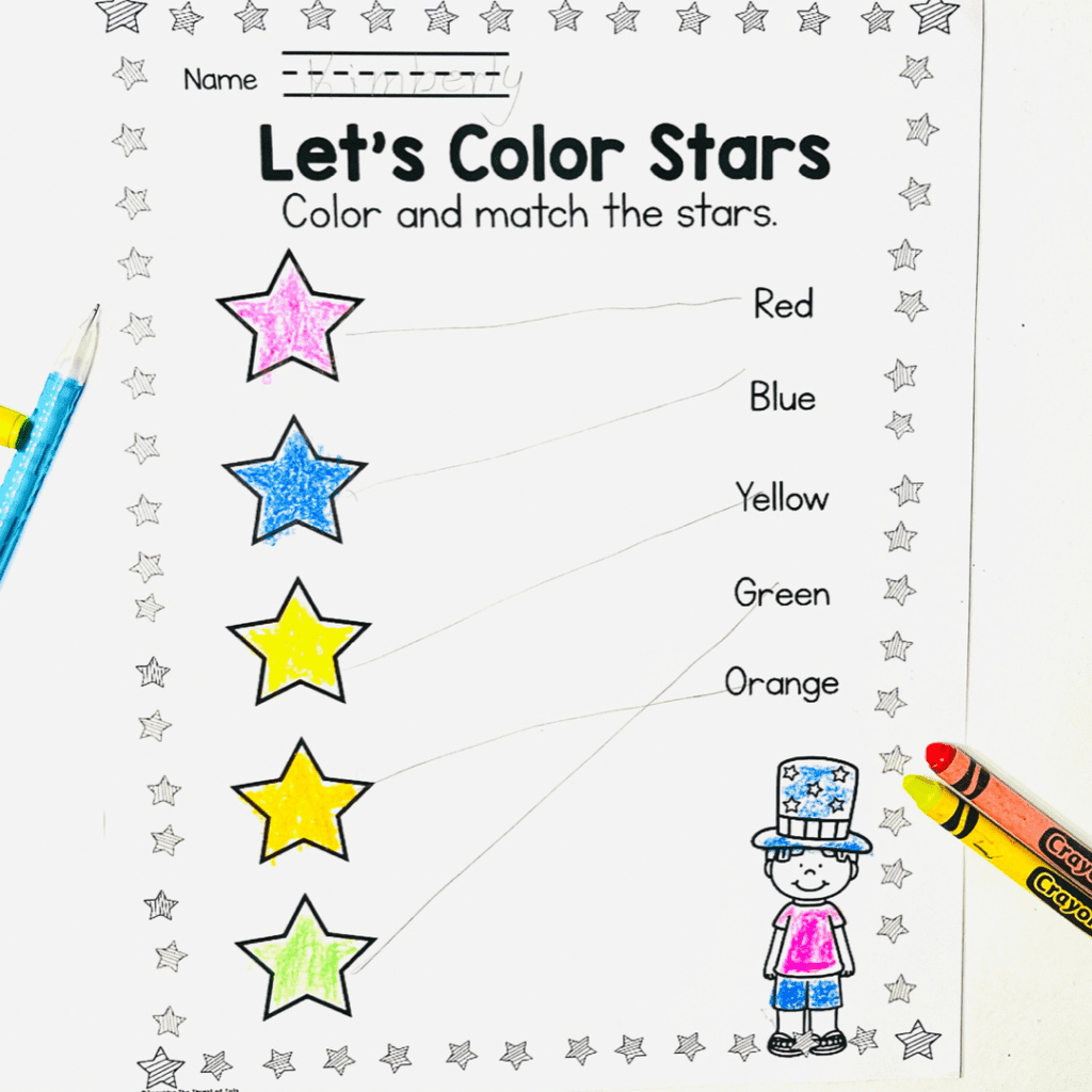 A 4th of July color matching page featuring patriotic-themed elements such as flags, fireworks, and stars. The activity requires matching colors to the corresponding objects on the page, promoting color recognition and fine motor skills development.