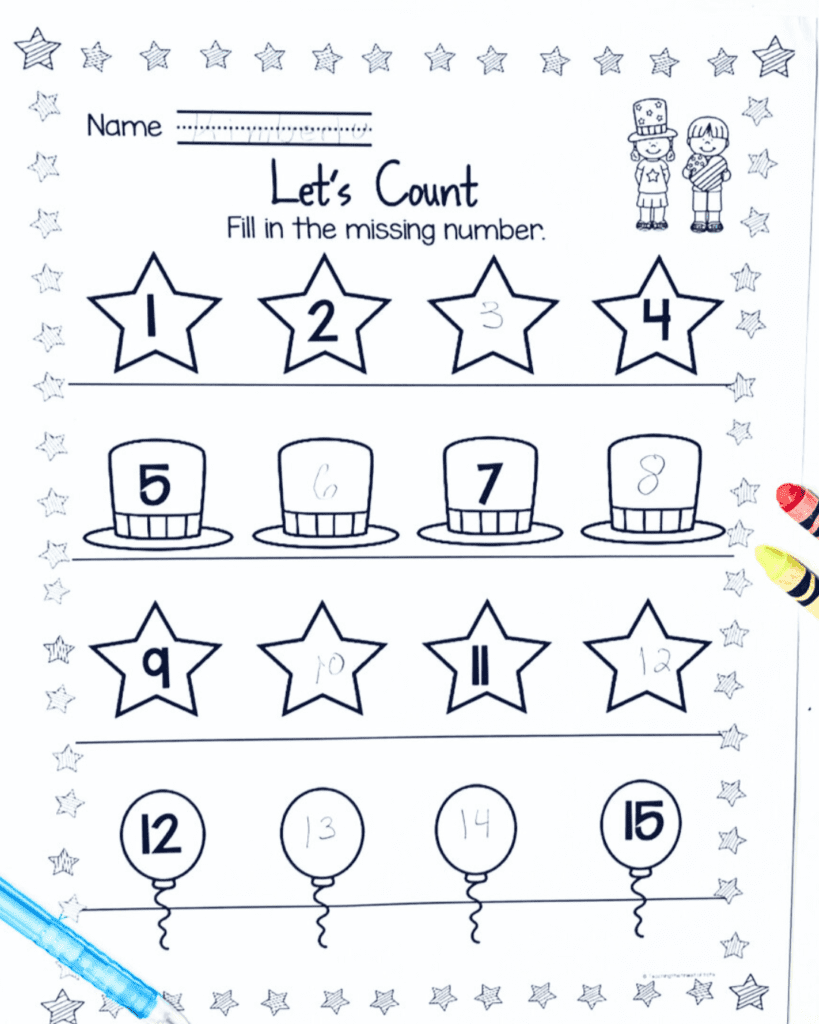  A Skip Counting Activity for 4th of July. This image showcases a skip counting activity page with a patriotic 4th of July theme. It includes numbers arranged in a sequence, with every other number missing. Children can practice skip counting by filling in the missing numbers, reinforcing their counting skills while embracing the spirit of Independence Day.