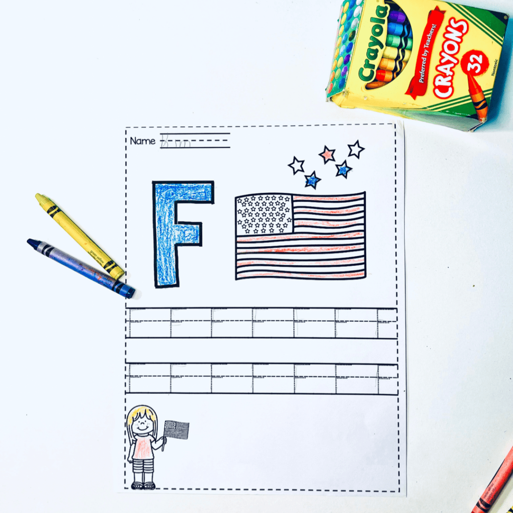 "Alt text for image: A 4th of July Letter F is Flag Tracing Page. This printable activity sheet features the letter F in uppercase and lowercase, designed as a flag with patriotic colors for the 4th of July theme. It is a fun and engaging way for children to practice tracing the letter F while celebrating Independence Day."