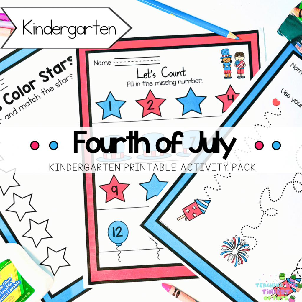 A visual representation of the 4th of July Kindergarten Printable Activity Pack featuring a background of colorful activity pages with various educational elements, such as letters, numbers, patterns, and more. This pack offers engaging and fun activities designed for kindergarteners to enhance their learning during the 4th of July celebrations.
