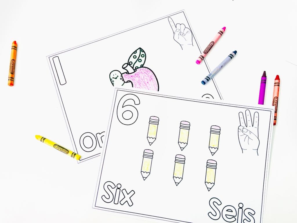Educational back-to-school coloring page featuring numbers 1 to 10 in both English and Spanish. The image displays a vibrant scene with outlined numbers, inviting children to count and color. Various school-themed elements accompany the numbers, encouraging a fun learning experience."