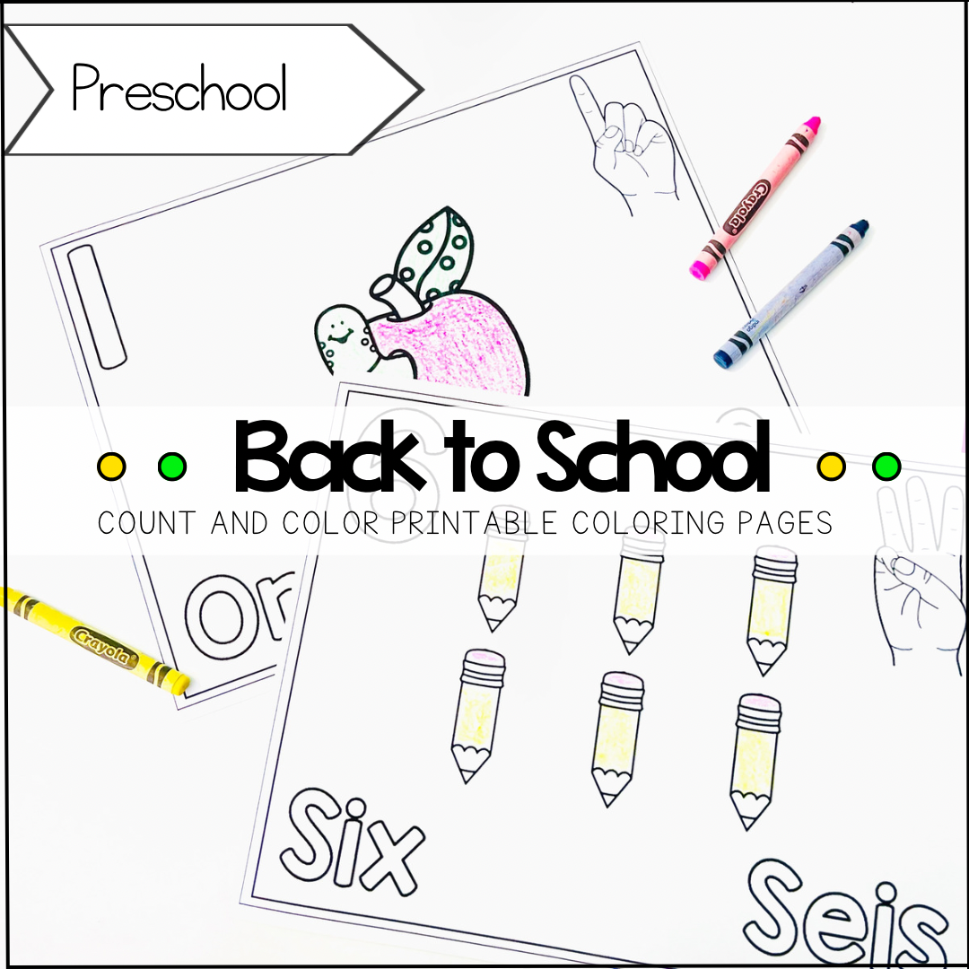 A collection of back-to-school coloring pages for preschool activities. The image shows various printable coloring sheets with playful illustrations related to school, such as crayons, pencils, apples, school buses, and happy children engaged in different educational